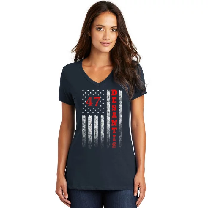 Ron Desantis 2024 American Flag Vintage Faded Distressed Women's V-Neck T-Shirt