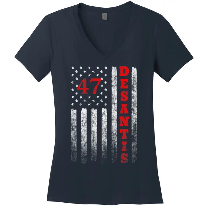 Ron Desantis 2024 American Flag Vintage Faded Distressed Women's V-Neck T-Shirt