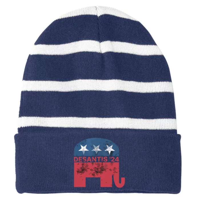 Ron Desantis 2024 For President American Flag Vintage Pro Striped Beanie with Solid Band