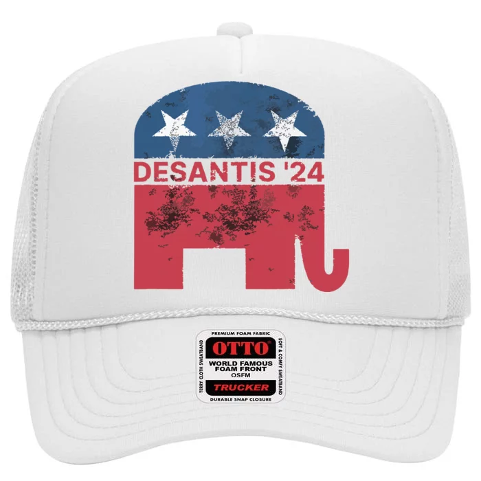 Ron Desantis 2024 For President American Flag Vintage Pro High Crown Mesh Trucker Hat