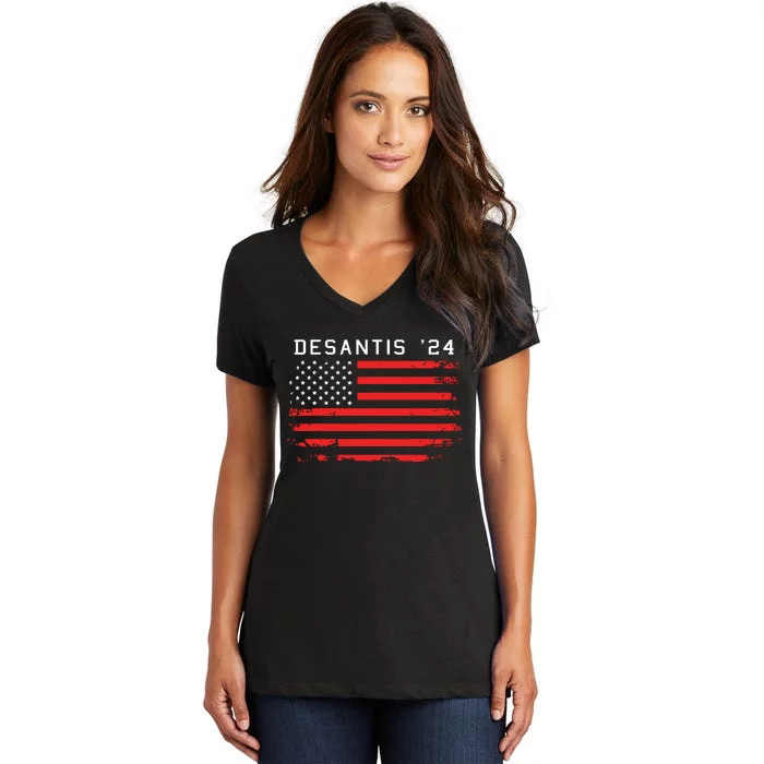 RON DESANTIS 2024 DeSantis 24 Red USA Flag Women's V-Neck T-Shirt