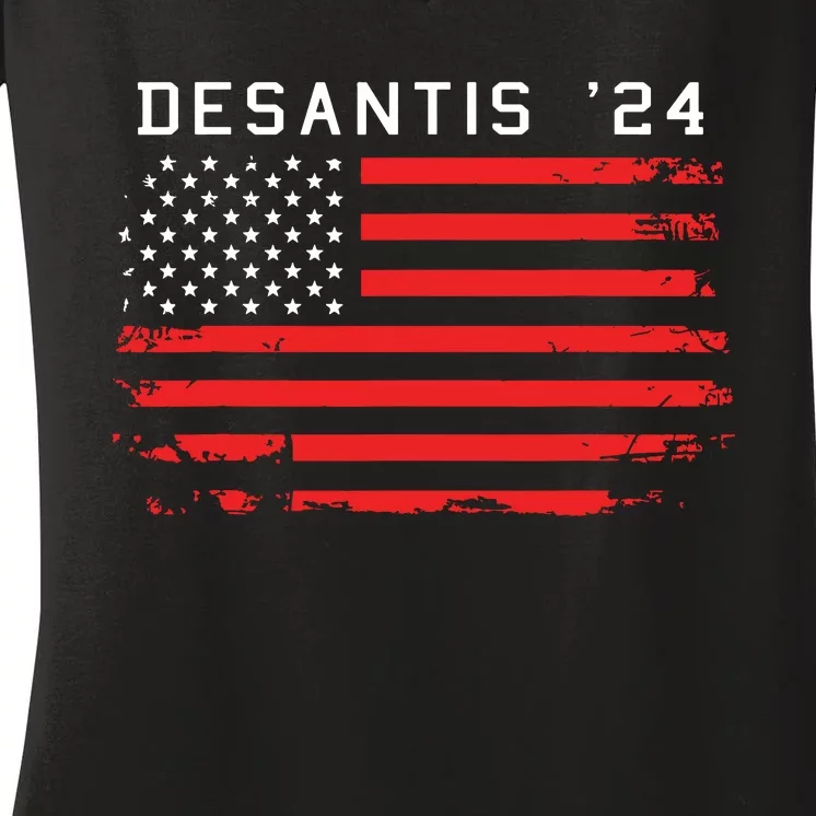 RON DESANTIS 2024 DeSantis 24 Red USA Flag Women's V-Neck T-Shirt