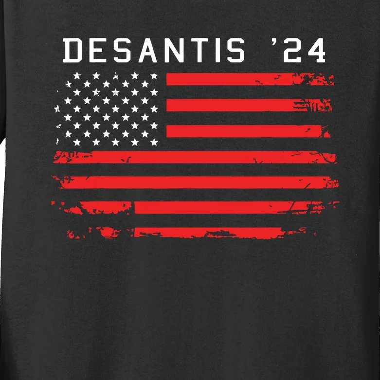 RON DESANTIS 2024 DeSantis 24 Red USA Flag Kids Long Sleeve Shirt