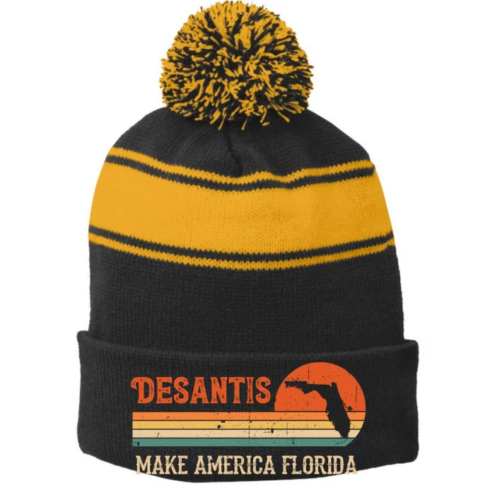 Ron DeSantis 2024 Make America Florida Vintage US Flag Stripe Pom Pom Beanie