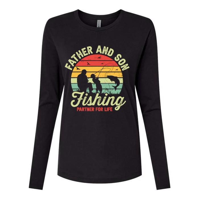 Retro Dad And Son Fishing Partners For Life Fathers Day Womens Cotton Relaxed Long Sleeve T-Shirt