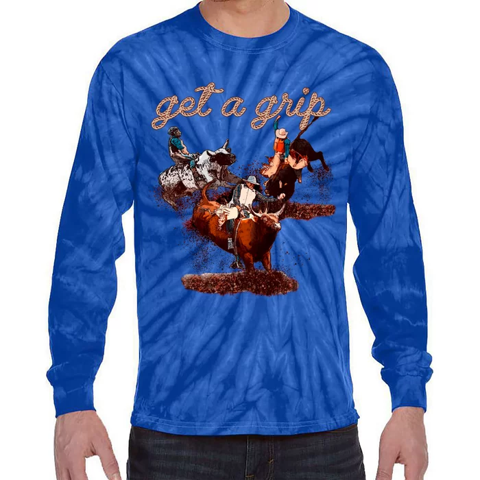 Rodeo Dad Bull Rider Get A Grip Western Country Cowboy Gift Tie-Dye Long Sleeve Shirt