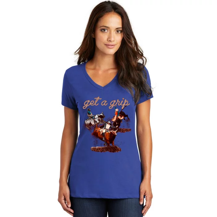 Rodeo Dad Bull Rider Get A Grip Western Country Cowboy Gift Women's V-Neck T-Shirt