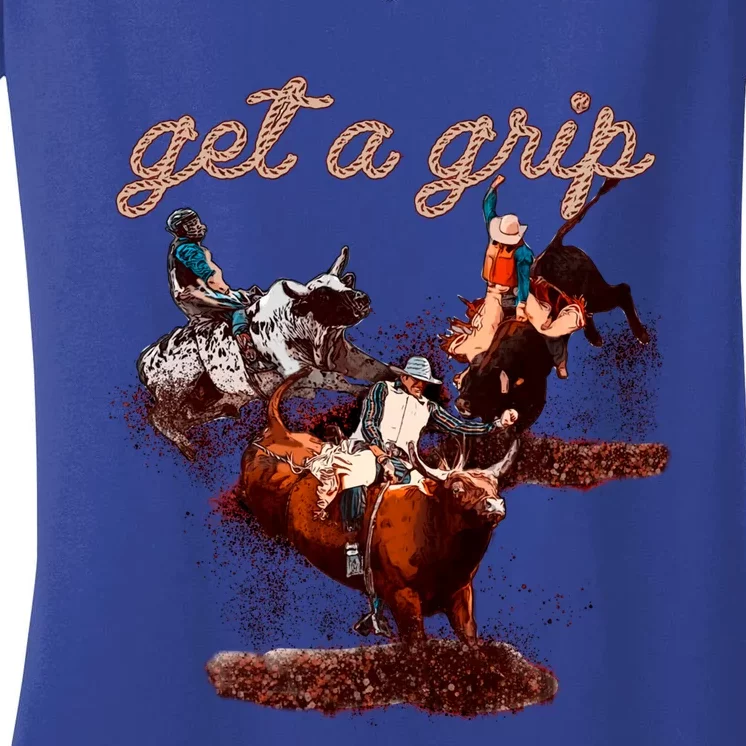 Rodeo Dad Bull Rider Get A Grip Western Country Cowboy Gift Women's V-Neck T-Shirt