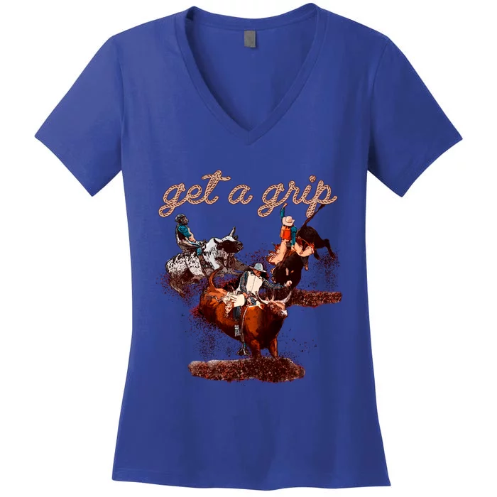 Rodeo Dad Bull Rider Get A Grip Western Country Cowboy Gift Women's V-Neck T-Shirt