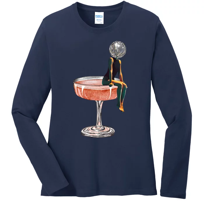 Retro Disco Ball Head Vintage Magical Wine Glass Girly Ladies Long Sleeve Shirt