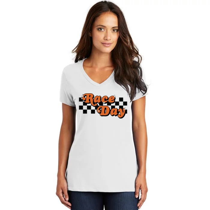 Race Day Checkered Flag Racing Driver Cheer Mama Women's V-Neck T-Shirt