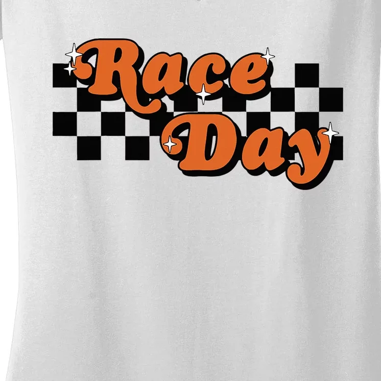 Race Day Checkered Flag Racing Driver Cheer Mama Women's V-Neck T-Shirt