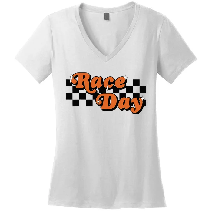 Race Day Checkered Flag Racing Driver Cheer Mama Women's V-Neck T-Shirt