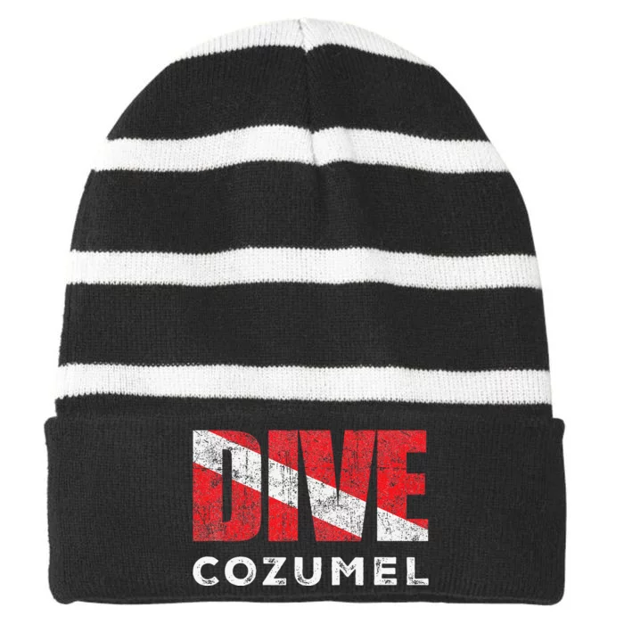 Retro Dive Cozumel Mexico Scuba Diver Vintage Dive Flag Striped Beanie with Solid Band