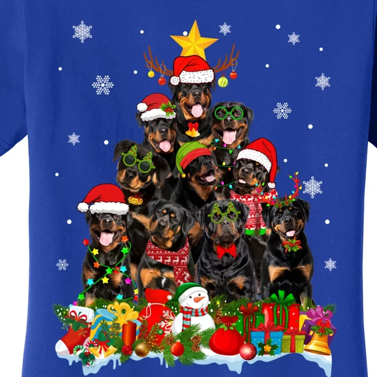 Rottweiler Dog Christmas Tree Lights Xmas Santa Hat Cute Gift Women's T-Shirt