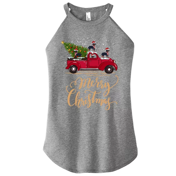 Rottweiler Driving Christmas Tree Truck Rottweiler Christmas Gift Women’s Perfect Tri Rocker Tank