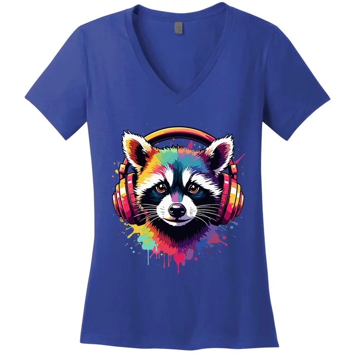 Raccoon Dj Costume Festival Concert Music Cool Raccoon Women's V-Neck T-Shirt