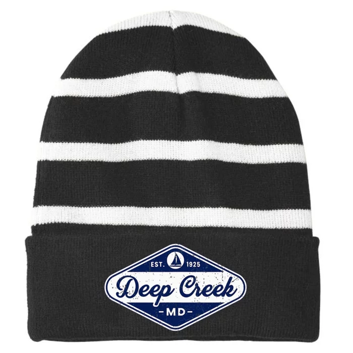 Retro Deep Creek Md Maryland Vintage Sailboat Lake Vacation Striped Beanie with Solid Band