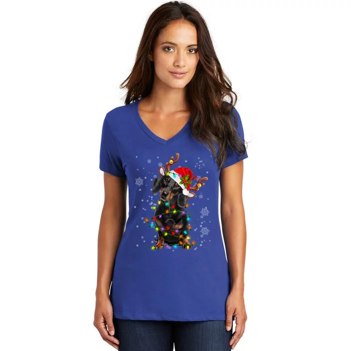 Reindeer Dachshund Christmas Lights Funny Reindeer Dackel Cute Gift Women's V-Neck T-Shirt