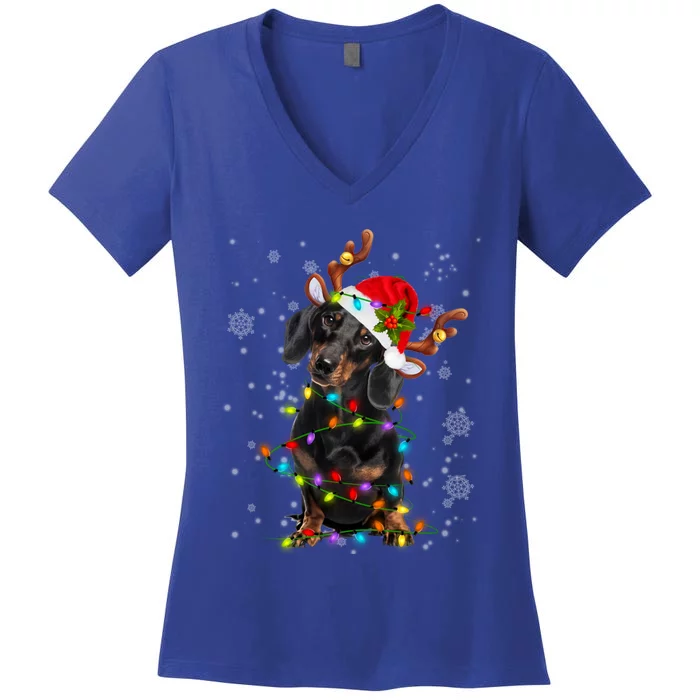 Reindeer Dachshund Christmas Lights Funny Reindeer Dackel Cute Gift Women's V-Neck T-Shirt