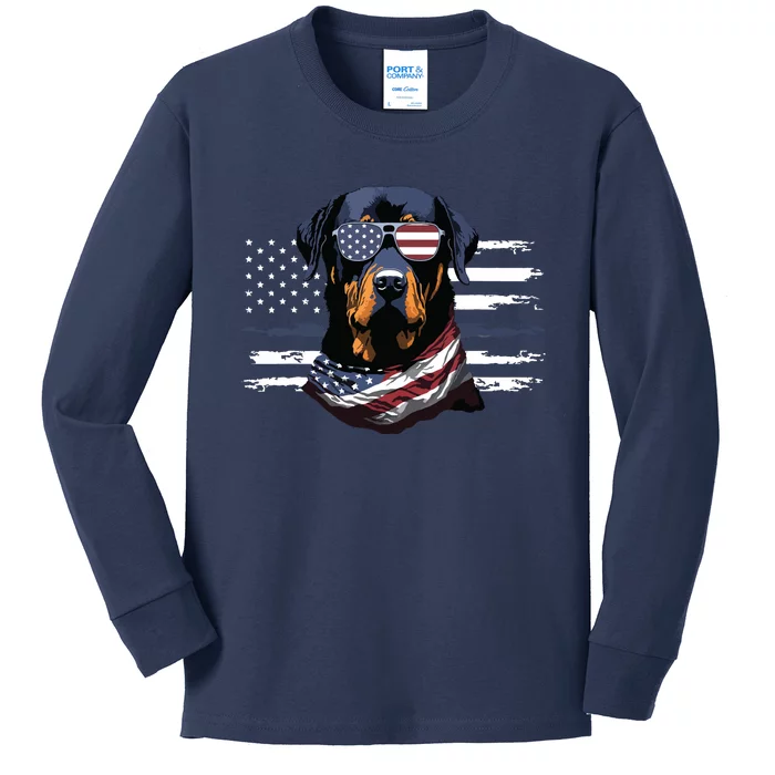 Rottweiler Dog Dad Dog Mom USA Flag 4th Of July Kids Long Sleeve Shirt