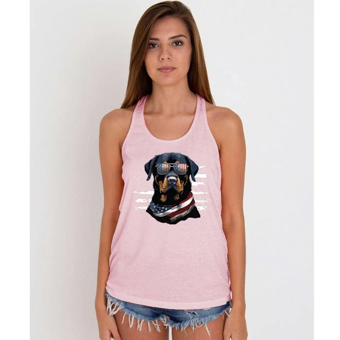 Rottweiler Dog Dad Dog Mom USA Flag 4th Of July Women's Knotted Racerback Tank