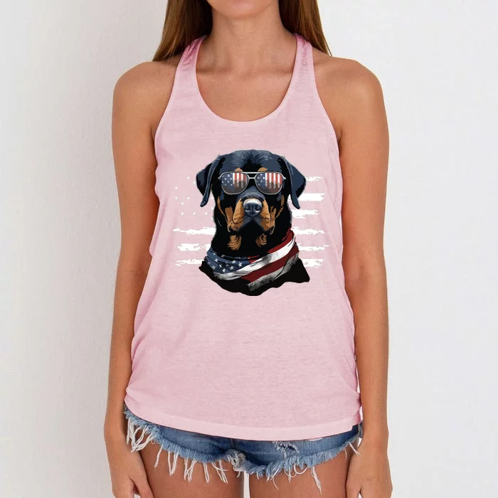 Rottweiler Dog Dad Dog Mom USA Flag 4th Of July Women's Knotted Racerback Tank