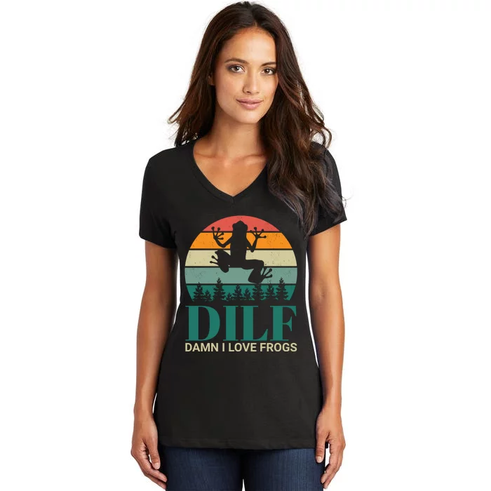 Retro Dilf Damn I Love Frogs Women's V-Neck T-Shirt