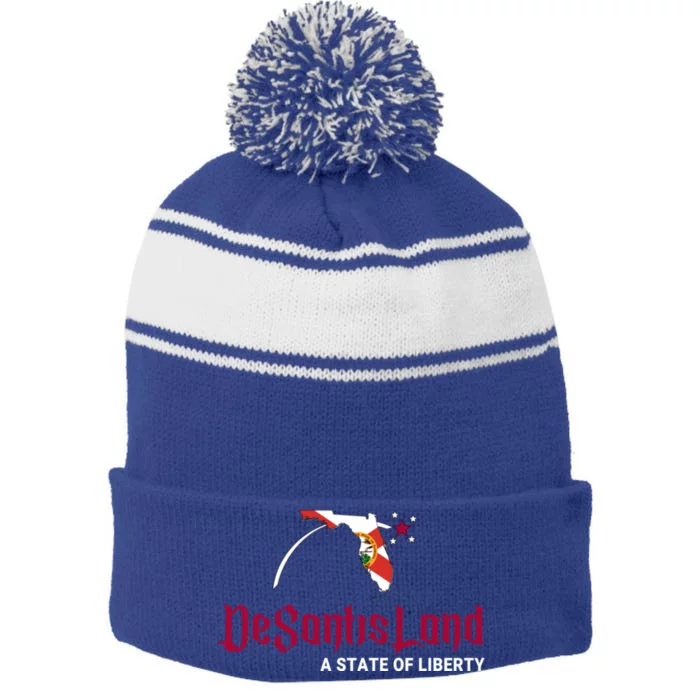 Ron Desantis DeSantisLand State Of Liberty Florida Map FL Flag Patriotic Stripe Pom Pom Beanie