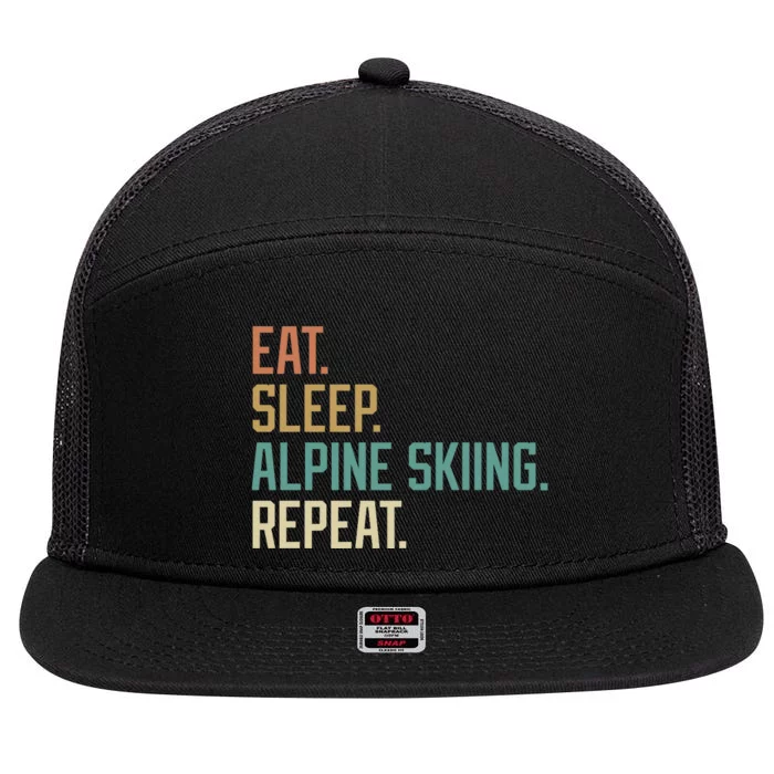 Retro Design Eat Sleep Alpine Skiing Repeat Vintage 7 Panel Mesh Trucker Snapback Hat