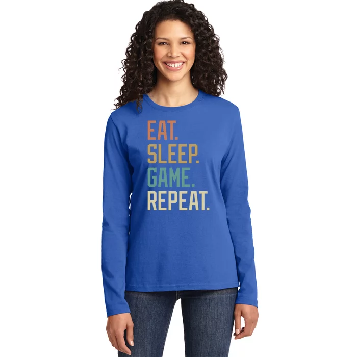 Retro Design Eat Sleep Game Repeat Vintage Gift Ladies Long Sleeve Shirt