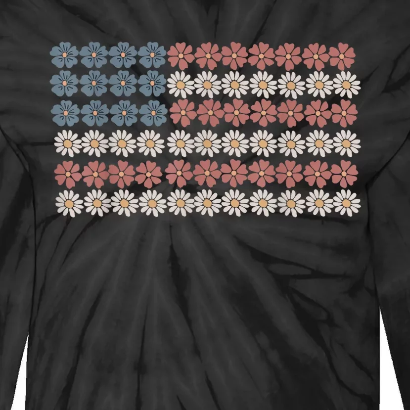 Retro Daisy Flower American Flag Women 4th Of July Patriotic Tie-Dye Long Sleeve Shirt