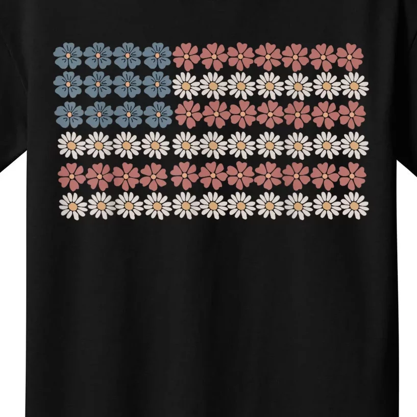 Retro Daisy Flower American Flag Women 4th Of July Patriotic Kids T-Shirt