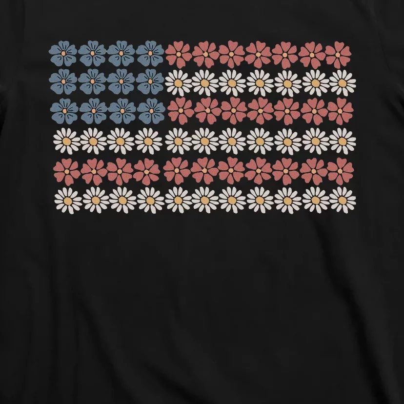 Retro Daisy Flower American Flag Women 4th Of July Patriotic T-Shirt