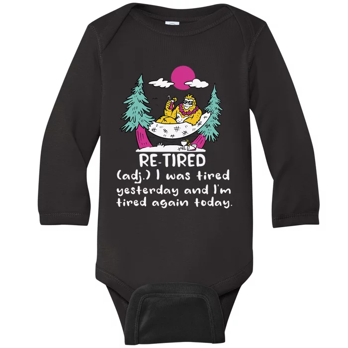 Retired Definition Funny Summer Vacation Bigfoot In Hammock Baby Long Sleeve Bodysuit