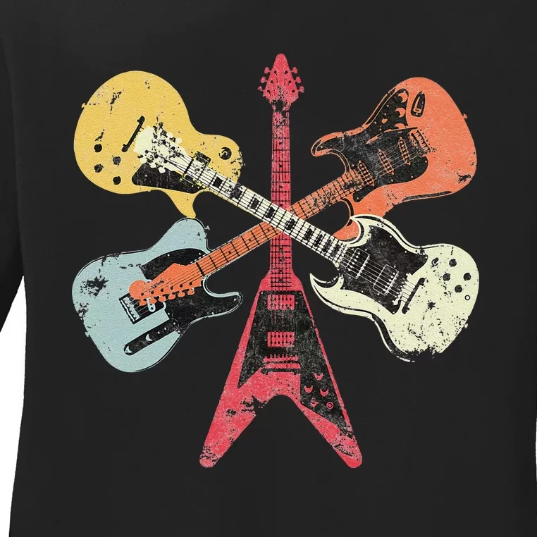 Retro Distressed Guitar Collection Rock Music Fan Ladies Long Sleeve Shirt