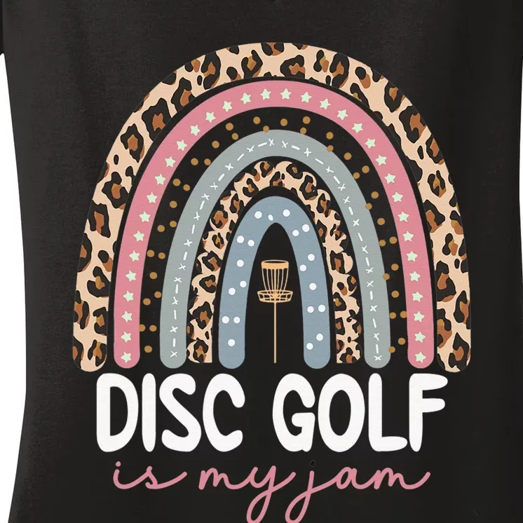 Rainbow Disc Golf Leopard Disc Golf Is My Jam IV Women's V-Neck T-Shirt