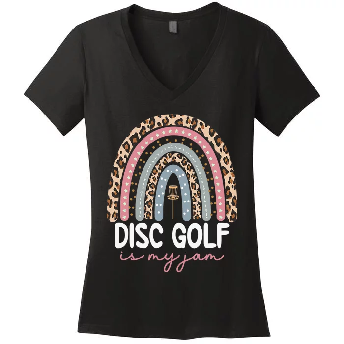 Rainbow Disc Golf Leopard Disc Golf Is My Jam IV Women's V-Neck T-Shirt