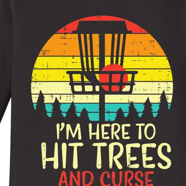 Retro Disc Golf Frisbee Golfer Sunset Hit Trees And Curse Baby Long Sleeve Bodysuit