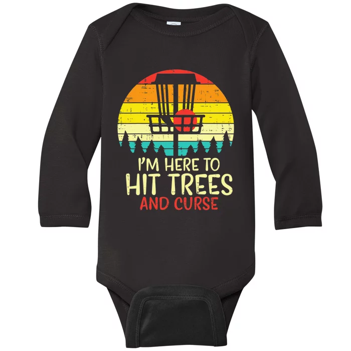 Retro Disc Golf Frisbee Golfer Sunset Hit Trees And Curse Baby Long Sleeve Bodysuit