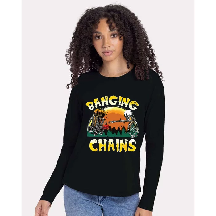 Retro Disc Golf Banging Chains Spooky Halloween Skeleton Womens Cotton Relaxed Long Sleeve T-Shirt