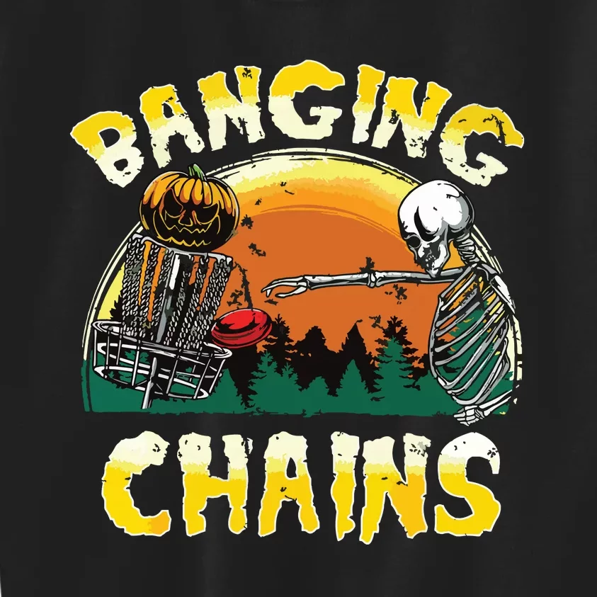 Retro Disc Golf Banging Chains Spooky Halloween Skeleton Kids Sweatshirt