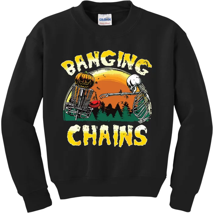 Retro Disc Golf Banging Chains Spooky Halloween Skeleton Kids Sweatshirt