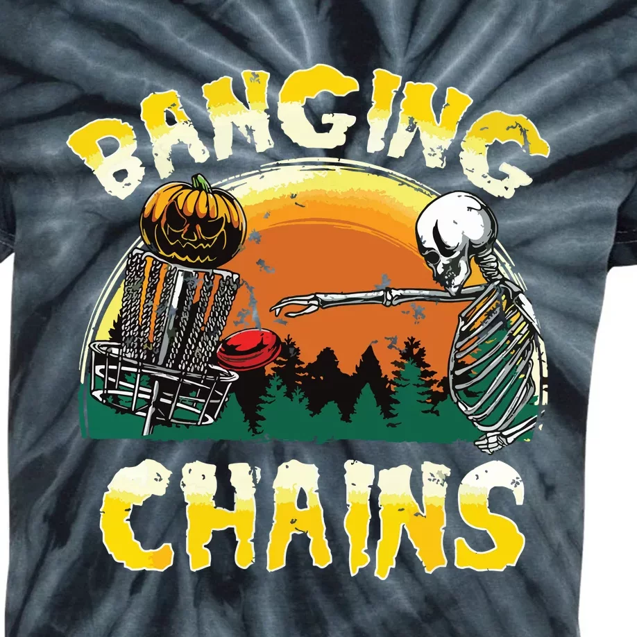 Retro Disc Golf Banging Chains Spooky Halloween Skeleton Kids Tie-Dye T-Shirt