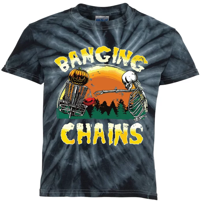 Retro Disc Golf Banging Chains Spooky Halloween Skeleton Kids Tie-Dye T-Shirt