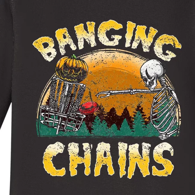 Retro Disc Golf Banging Chains Spooky Halloween Skeleton Baby Long Sleeve Bodysuit