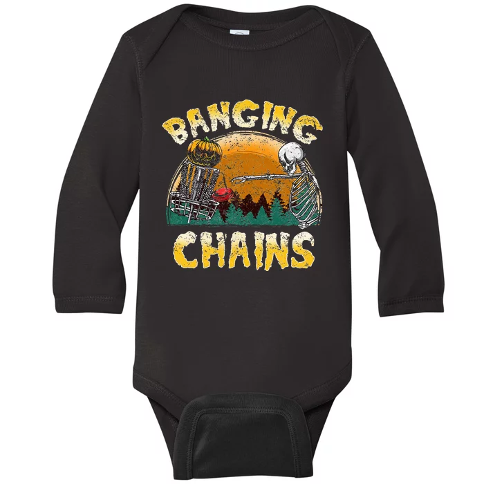 Retro Disc Golf Banging Chains Spooky Halloween Skeleton Baby Long Sleeve Bodysuit