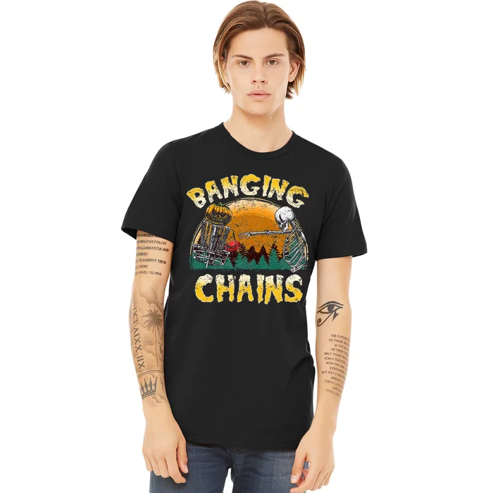 Retro Disc Golf Banging Chains Spooky Halloween Skeleton Premium T-Shirt