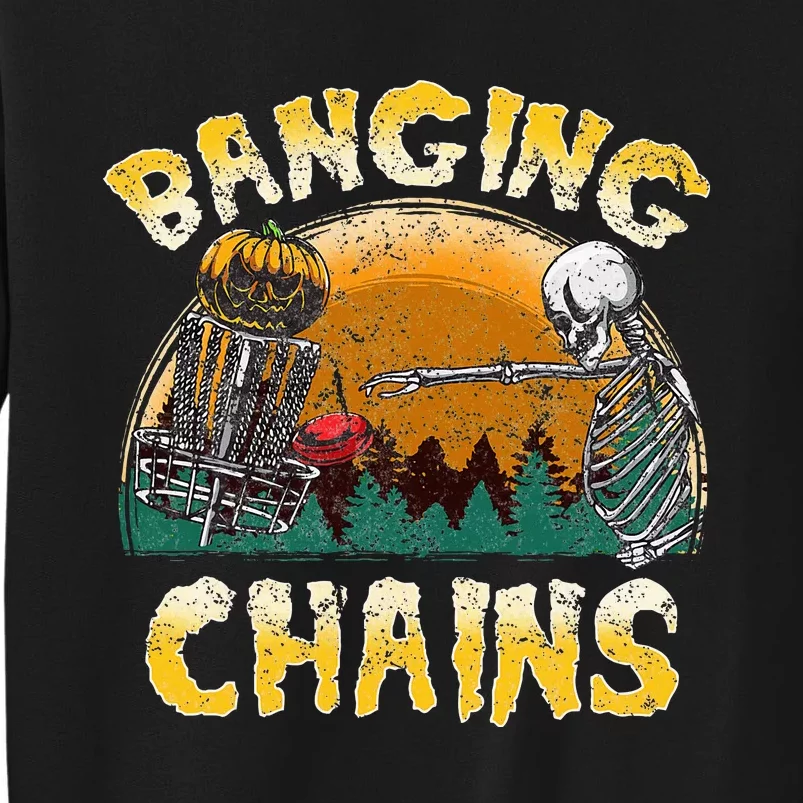 Retro Disc Golf Banging Chains Spooky Halloween Skeleton Tall Sweatshirt