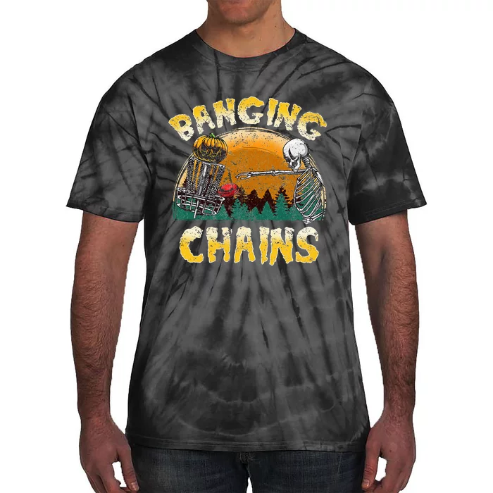 Retro Disc Golf Banging Chains Spooky Halloween Skeleton Tie-Dye T-Shirt